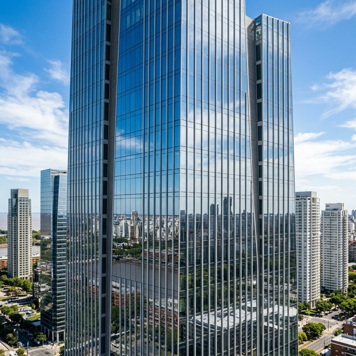 Fachada vidriada en Puerto Madero con lámina de control solar Bali