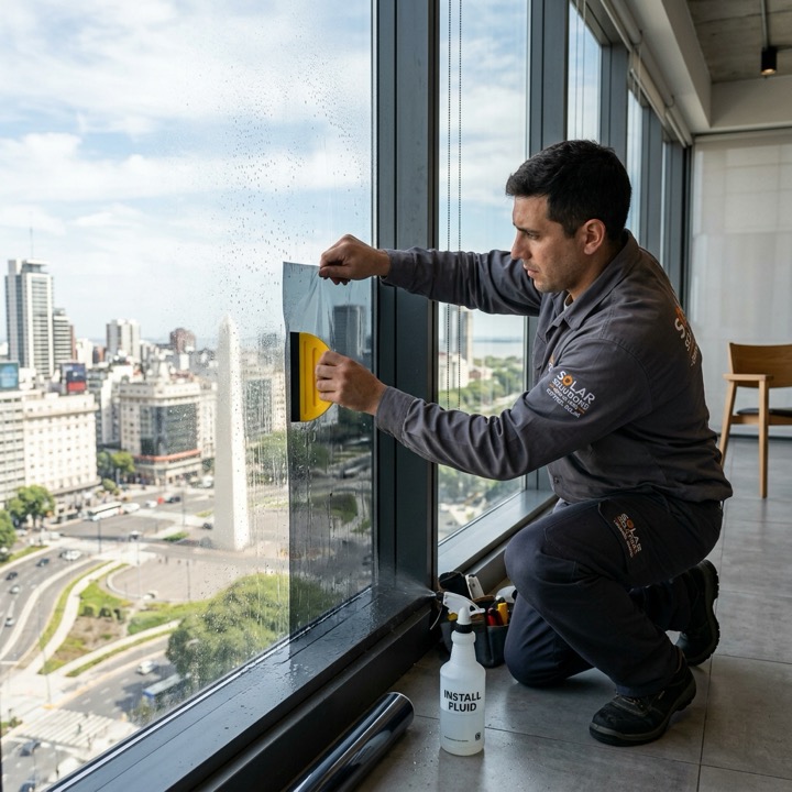 Técnico aplicando lámina solar en aventanamiento corporativo